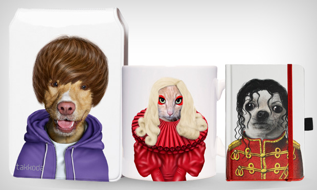 Animais de estimação caracterizados como celebridades são estampados em acessórios