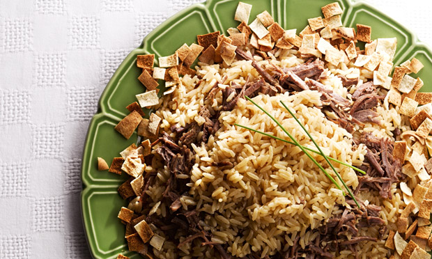 Arroz com capa de filé e vinagre de maçã