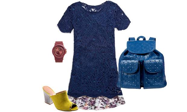 Saia, vestido, rel&oacute;gio, mochila e sand&aacute;lia