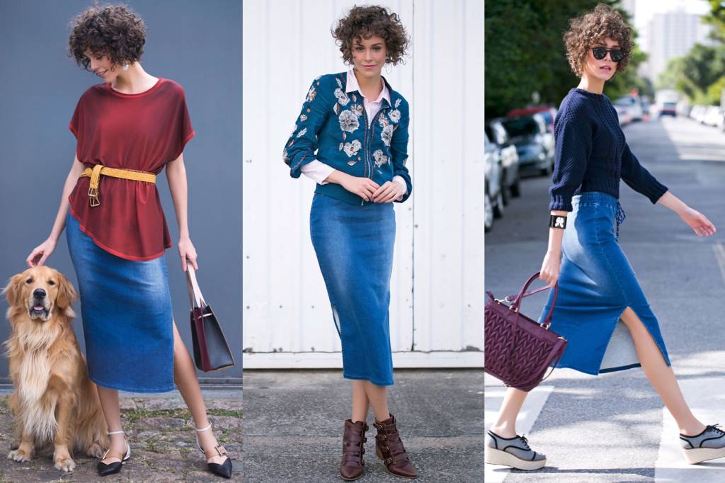 Saia mídi jeans: 3 looks para usar a peça