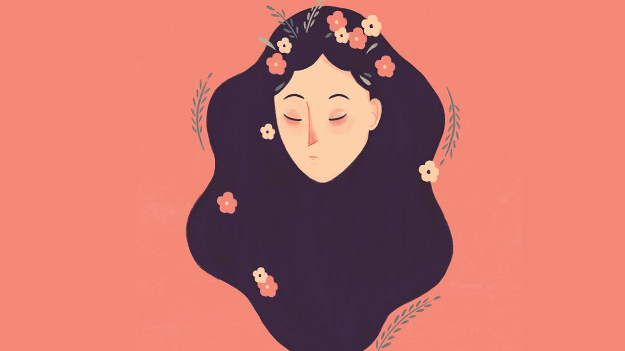 Ilustração de uma mulher com flores no cabelo, representando o signo de Virgem