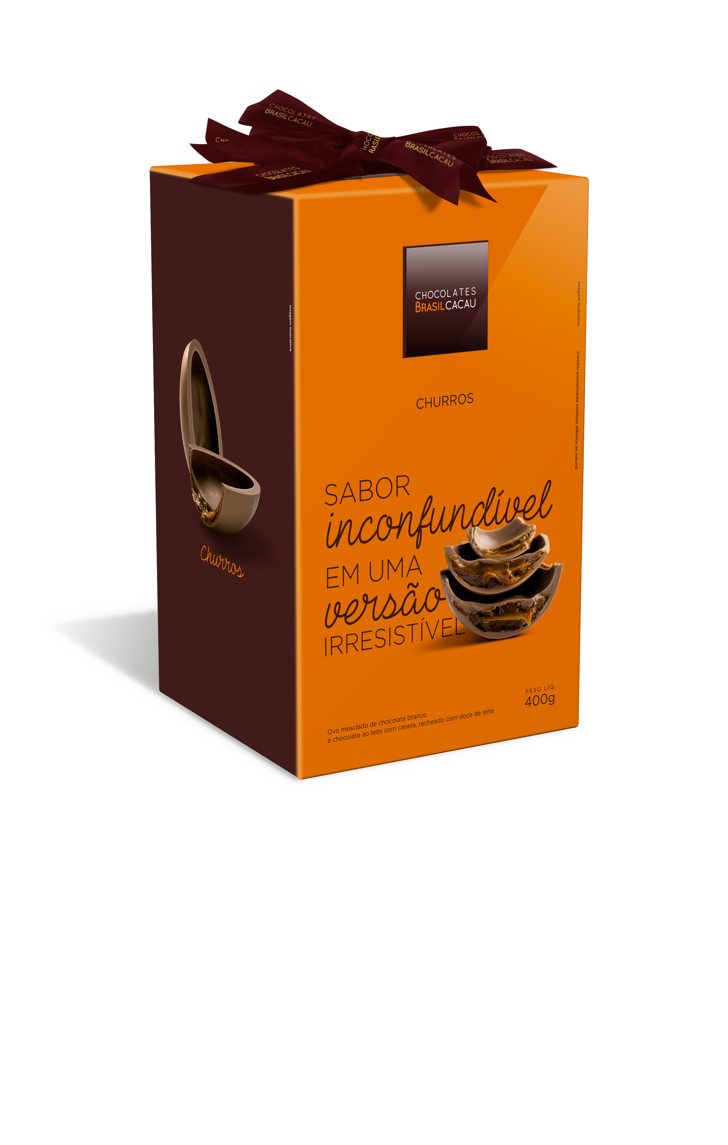Chocolates Brasil Cacau - Ovo Churros (400g), mesclado de chocolate branco e chocolate ao leite com canela, recheado com doce de leite. Pre&ccedil;o: R$ 56,90.