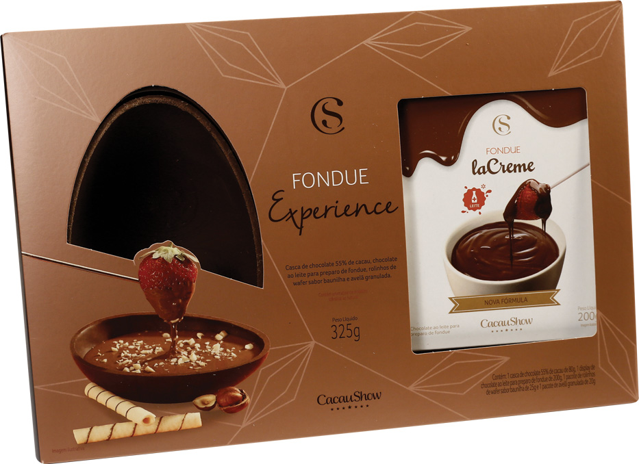 Fondue Experience (325 g):&nbsp; chocolate la Creme ao leite derretendo em uma casca 55%, composto por uma casca de ovo 55% cacau e fondue la Creme. O kit conta com canudinhos de wafer e avel&atilde; picada para servir com frutas. A partir de R$ 49,90.