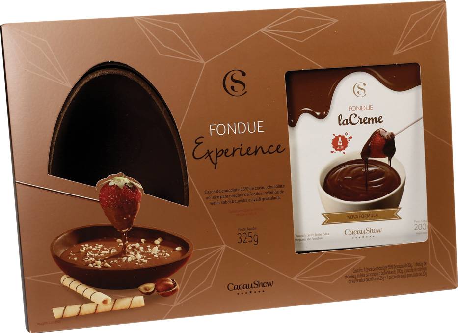 Fondue Experience (325 g):&nbsp; chocolate la Creme ao leite derretendo em uma casca 55%, composto por uma casca de ovo 55% cacau e fondue la Creme. O kit conta com canudinhos de wafer e avel&atilde; picada para servir com frutas. A partir de R$ 49,90.