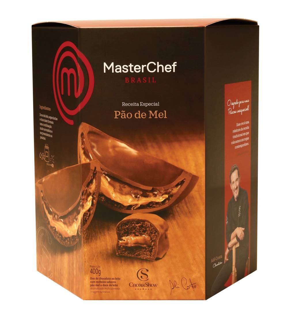 Cacau Show: Ovo Dreams MasterChef P&atilde;o de mel (400g). Assinado por Al&ecirc; Costa, CEO da Cacau Show, o ovo &eacute; feito com chocolate ao leite, possui uma casca recheada com sabor de p&atilde;o de mel, al&eacute;m de doce de leite e um leve toque de especiarias. Pre&ccedil;o: a partir de R$ 59,90.