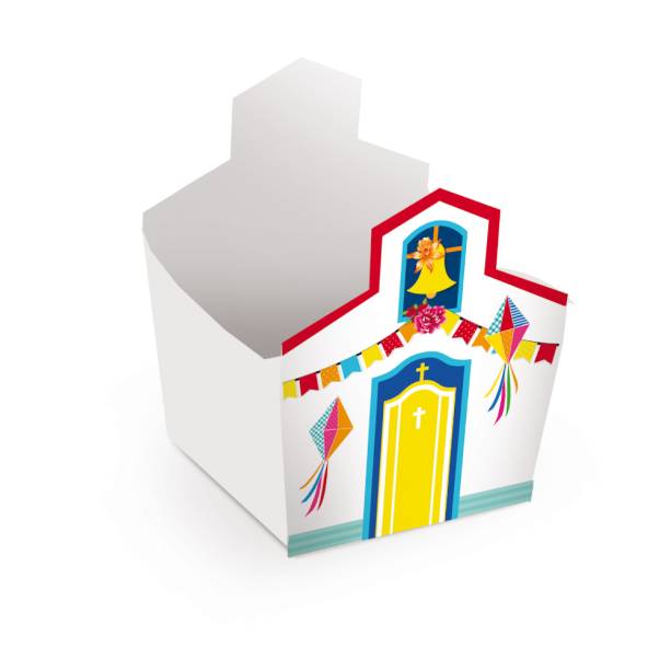 Cachepot Igreja, de papel cartonad, medidas 8 x 8 x 7 cm. <a href="https://www.vemfestejar.com/a2-cachepot-igreja-festa-junina-c-08-unidades-7542/p" target="_blank" rel="noopener">Vem Festejar</a>, R$ 24,35 com oito unidades