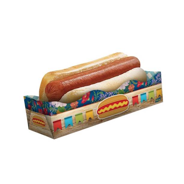 Caixa para cachorro quente, de papel-cartão (18,5 x 6 x 4 cm). <a href="https://www.festaexpress.com/p/34339/caixa-para-cachorro-quente-festa-junina-08-unidades-festcolor/t/5" target="_blank" rel="noopener">FestaExpress.com</a>, R$ 12,50 com oito unidades