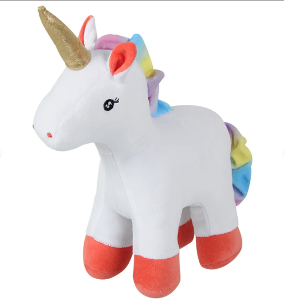 Boneco plush de unicórnio, confeccionado em algodão e poliéster, com 31 cm de altura. <a href="https://www.tokstok.com.br/unicornio-branco-rainbow-nico/p?idsku=344863" target="_blank" rel="noopener">Tok&Stok</a>, R$ 65,50