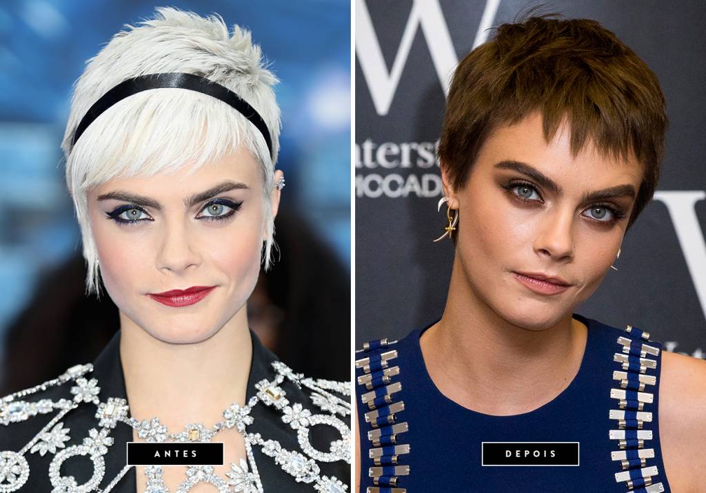 <strong>Outubro de 2017 // Cara Delevingne</strong>&nbsp;-&nbsp;&nbsp;a modelo e atriz apareceu no lan&ccedil;amento de seu primeiro livro, 'Mirror, mirror', ontem (04), com seu pixie cut em tom castanho.