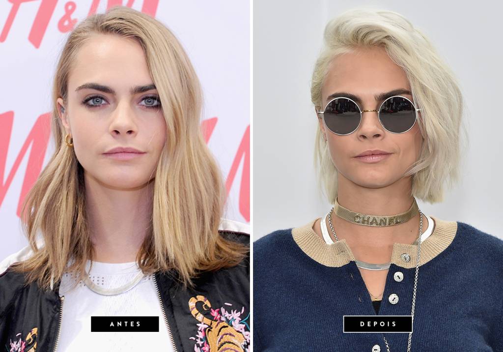 <b>Mar&ccedil;o de 2017 // Cara Delevingne</b> &ndash;A top exibiu um bob reto platinado durante o desfile da Rihanna na Semana de Moda de Paris e agora segue arrasando com seus fios supermodernos.