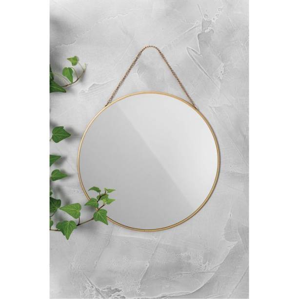 Espelho Circular Dourado, com 29 cm de diâmetro. <a href="https://www.casamind.com.br/espelho-circular-dourado/p?idsku=17468&gclid=EAIaIQobChMIkYKQ77mB4AIVghCRCh0yogH4EAkYDiABEgIcxvD_BwE" target="_blank" rel="noopener">Casa Mind</a>, R$ 69