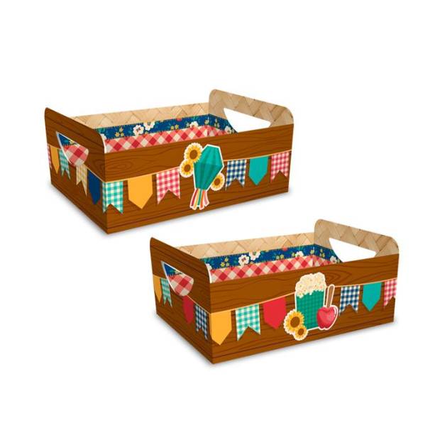 Cestinha de papelão decorado (<span>9,5 x 6 x 14,5 cm). <a href="https://festapratica.com/products/cesta-pp-festa-junina-regina-festas?variant=16411999076398&gclid=EAIaIQobChMIrf3y5ZWt4gIVAw-RCh0QYge-EAkYHSABEgKf_PD_BwE" target="_blank" rel="noopener">Festa Prática</a>, R$ 3,99 cada</span>