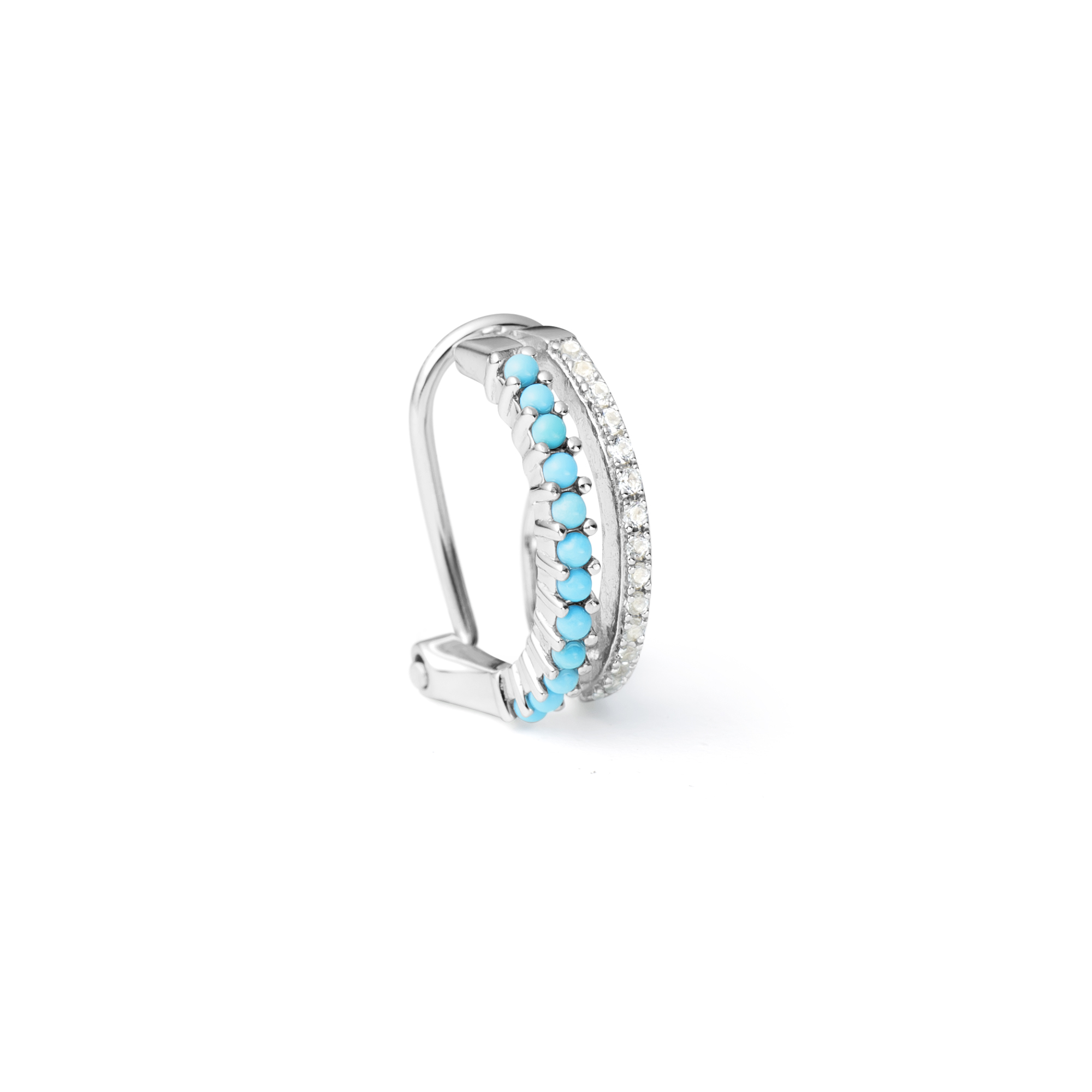 Piercing de prata, top&aacute;zio branco e turquesa natural.