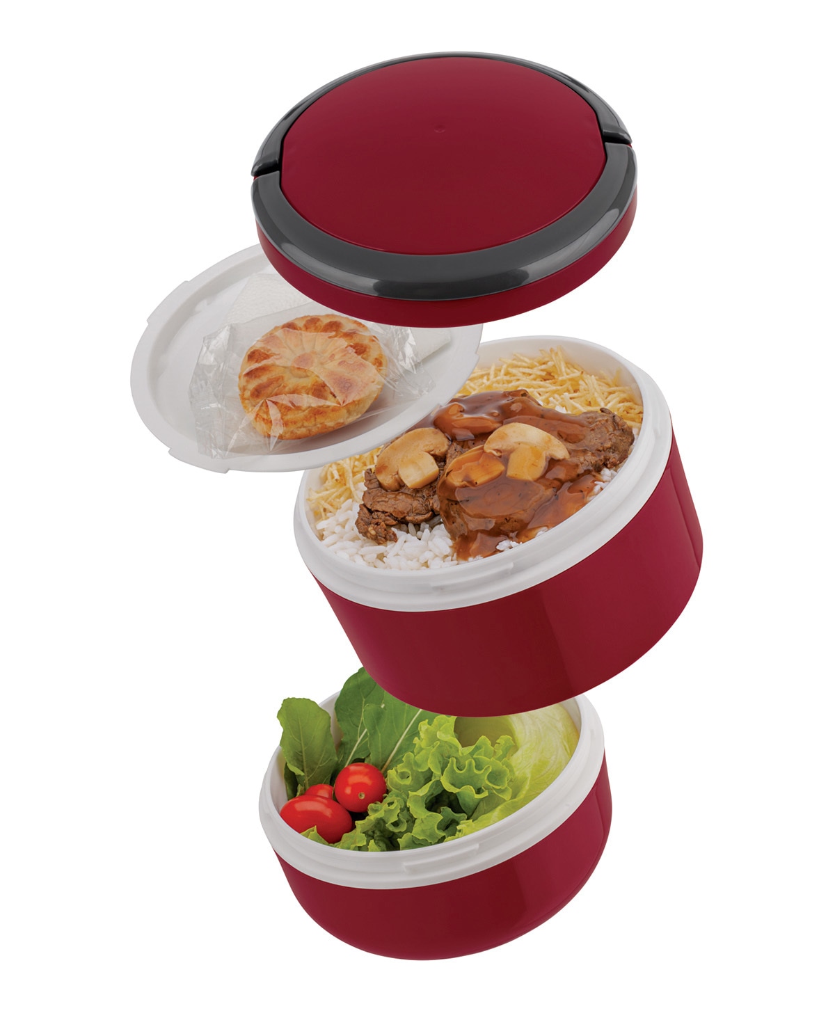 Marmita Lunch Box Dupla, da Euro Home, de pl&aacute;stico, com dois compartimentos fechados hermeticamente, al&ccedil;a e tampa com sa&iacute;da de vapor. Medidas: 15 x 15 cm. <a href="https://www.dinda.com.br/produtos/marmita-lunch-box-dupla-vermelha-1-4l-euro-home" target="_blank" rel="noopener">Dinda</a>, R$ 37,99