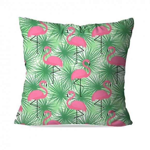 Almofada Flamingo Green, de poliéster, 35 x 35 cm. <a href="https://www.wevans.com.br/almofada-avulsa-decorativa-flamingo-green-dec1037bp" target="_blank" rel="noopener">Wevans</a>, R$ 29,90