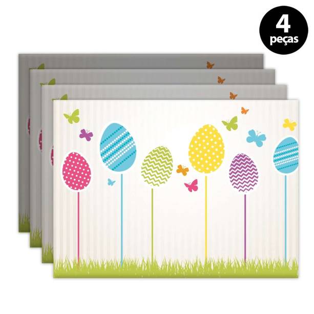 Jogo americano Mdecore P&aacute;scoa Branco, de 40 x 28 cm, de poli&eacute;ster. <a href="https://www.mobly.com.br/jogo-americano-mdecore-pascoa-40x28cm-branco-4pcs-557644.html#a=3|p=6|pn=15|t=Busca|s=0" target="_blank" rel="noopener">Mobly</a>, R$ 48,90 com quatro