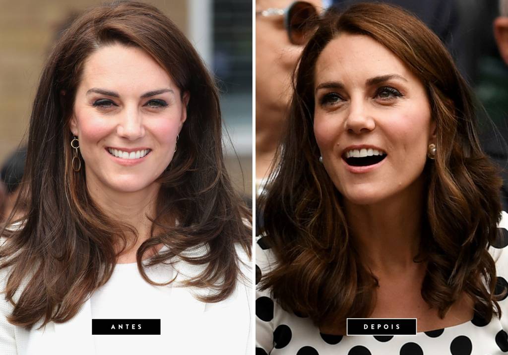 <strong>Julho de 2017 //&nbsp;Kate Middleton</strong> -&nbsp;A Duquesa de Cambridge est&aacute; de visual novo! Kate debutou o novo corte de cabelo, um pouco abaixo dos ombros, no primeiro dia do torneio de Wimbledon. A modelagem com ondas largas deixou o look ainda mais elegante.