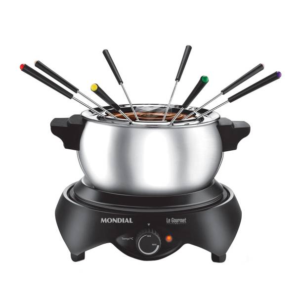 Aparelho elétrico Le Gourmet, da Mondial, com 9 peças em preto e inox, 110 V. <a href="https://www.carrefour.com.br/Aparelho-de-Fondue-Eletrico-9-Pecas-Mondial-Preto-e-Inox-110V/p/9821040" target="_blank" rel="noopener">Carrefour</a>, R$ 198