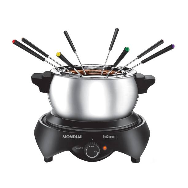 Aparelho el&eacute;trico Le Gourmet, da Mondial, com 9 pe&ccedil;as em preto e inox, 110 V. <a href="https://www.carrefour.com.br/Aparelho-de-Fondue-Eletrico-9-Pecas-Mondial-Preto-e-Inox-110V/p/9821040" target="_blank" rel="noopener">Carrefour</a>, R$ 198