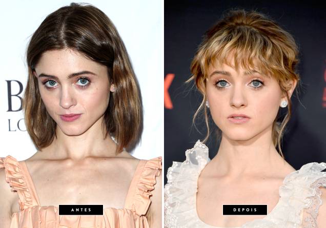 <strong>Outubro de 2017 // Natalia Dyer </strong>- A Nancy, de Stranger Things, apareceu ontem (26) na première da segunda temporada da série com os cabelos bem mais claros e com uma franjinha texturizada. <strong>Outubro de 2017 // Natalia Dyer </strong>- A Nancy, de Stranger Things, apareceu ontem (26) na première da segunda temporada da série com os cabelos bem mais claros e com uma franjinha texturizada.
