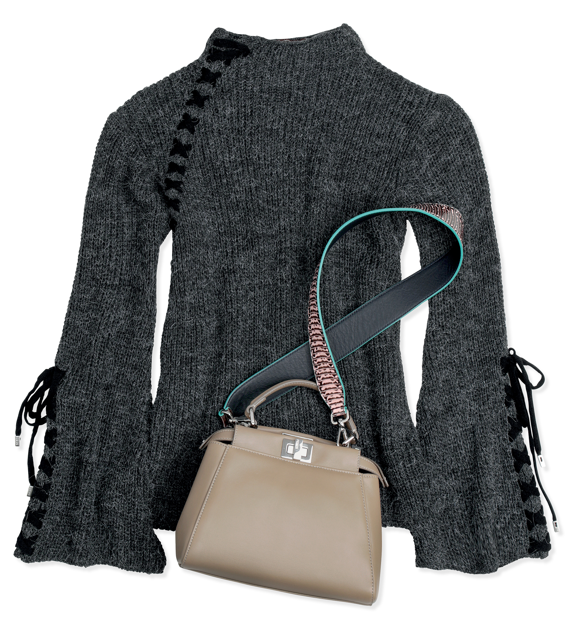 Tric&ocirc;, Bo.B&ocirc;, R$ 798, tel. (11) 3062 8145. Bolsa de couro, R$ 13 590, e Al&ccedil;a de couro, R$ 3 180, Fendi, tel. (11) 4873 5592.