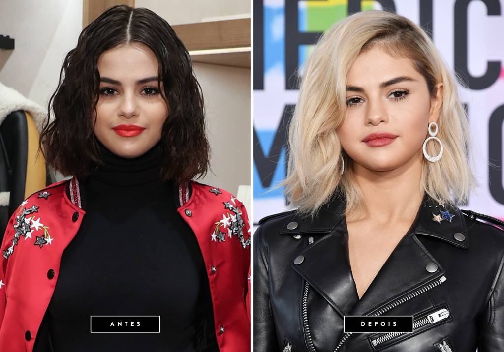 <strong>Novembro de 2017 //&nbsp;Selena Gomez </strong>- ap&oacute;s fazer um transplante de rim devido ao l&uacute;pus, a cantora se afastou dos palcos durante meses, mas, para sua volta, planejou um visual bomb&aacute;stico. Para sua performance de Wolves, no palco do American Music Awards, Selena desfilou cabelos descoloridos com pegada messy.