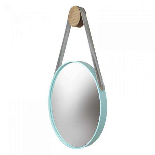 Espelho Button com moldura menta (50 cm de di&acirc;metro). <a href="https://www.sunhouse.com.br/espelho-button-moldura-cor-menta-com-alca-bege---48650/p" target="_blank" rel="noopener">Sun House</a>, R$ 1056,90