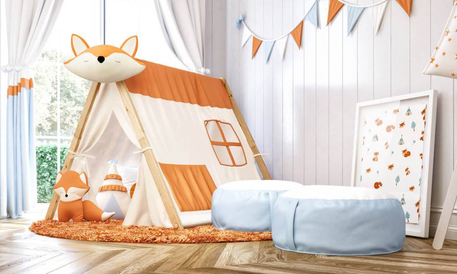 Kit Cabana Festa do Pijama, com sete peças. <a href="https://www.graodegente.com.br/montessoriano/kit-cabana-festa-do-pijama-raposinha-laranja" target="_blank" rel="noopener">Grão de Gente</a>, R$ 567,65