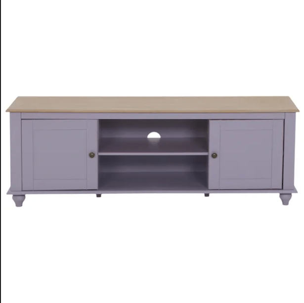 Rack Louhans, de MDF pintado, com tampo de madeira maciça envernizada, nas medidas 1,60 x 0,45 x 0,55 m. <a href="https://www.tokstok.com.br/rack-2p-160x45-malva-patina-provencal-louhans/p?idsku=360186" target="_blank" rel="noopener">Tok & Stok</a>, R$ 1099