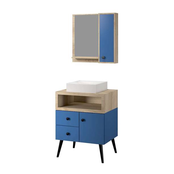 Conjunto Turim, de gabinete com cuba de marmorite e espelheira, de MDF e MDP, nas dimensões 60x 45 x 78 cm (armário) e 60 x 12 x 60 cm (espelheira). <a href="https://www.woodprime.com.br/conjunto-retro-turim-60-cm-azul-wood-prime-tn-1130630/p" target="_blank" rel="noopener">Wood Prime</a>, R$ 1052,91