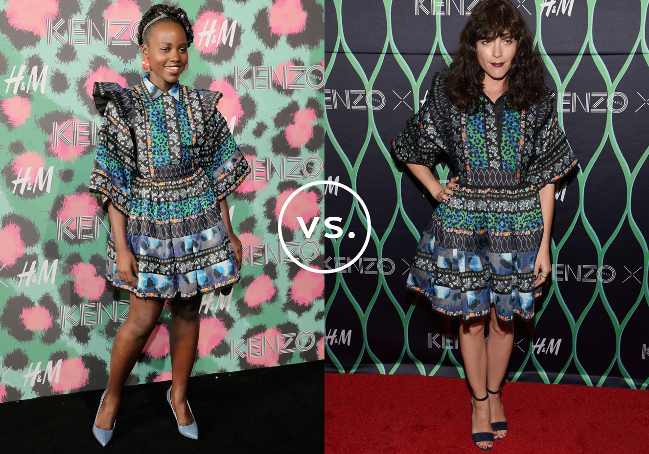 <strong>Lupita Nyong'o </strong>e <strong>Selma Blair</strong> vestem<strong> Kenzo para H&M</strong>.&nbsp;O vestido superestampado da parceria fashion ganhou interpreta&ccedil;&otilde;es bem diferentes nas m&atilde;os das atrizes. Lupita apostou na vibe fashionista com acess&oacute;rios coloridos e Selma investiu em um visual mais dark com batom escuro e poucos&nbsp;acess&oacute;rios.