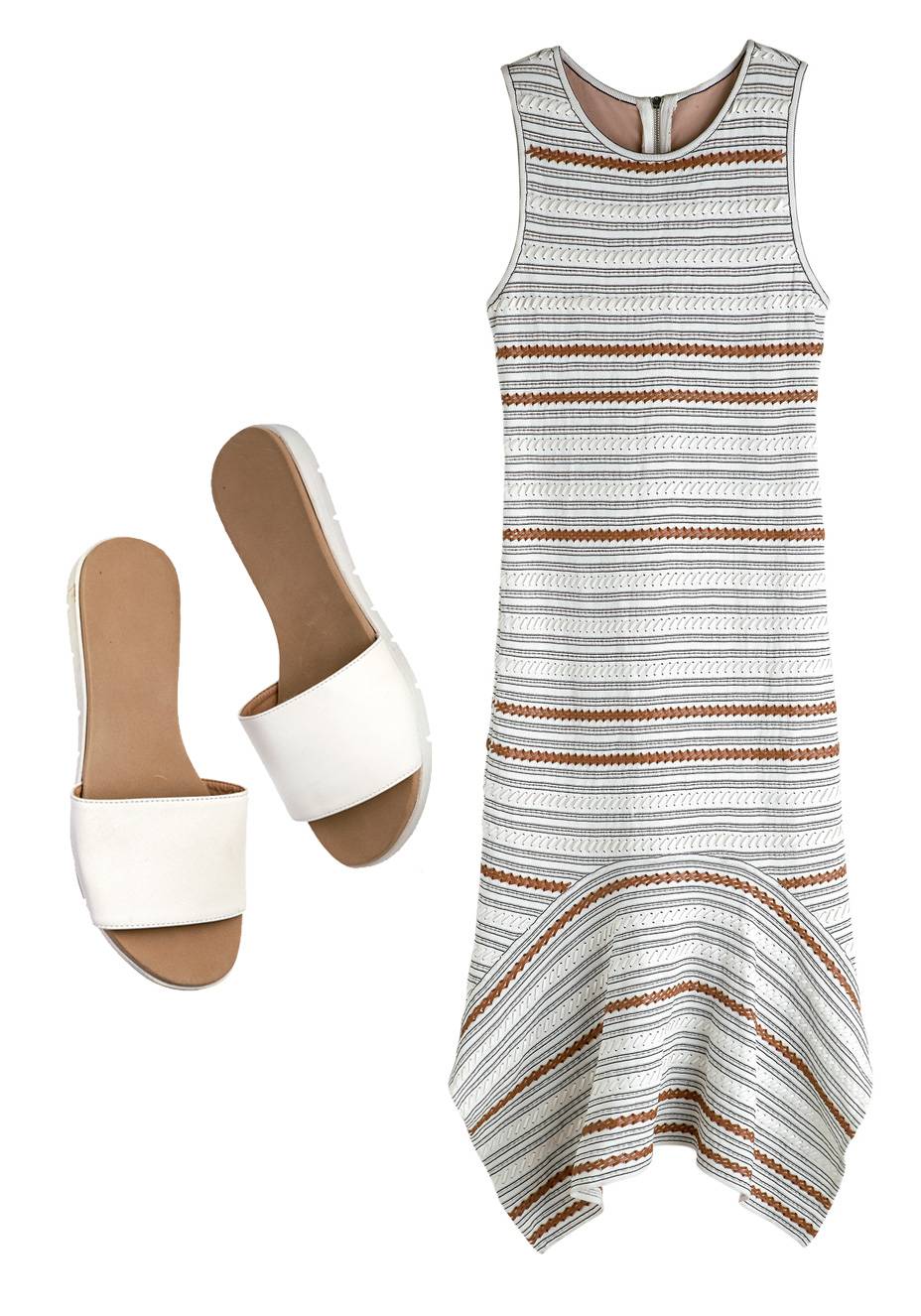 Vestido de tric&ocirc;, <strong>Coven</strong>, R$ 3 068. Slides de couro, <strong>Passarela</strong>, R$ 70.