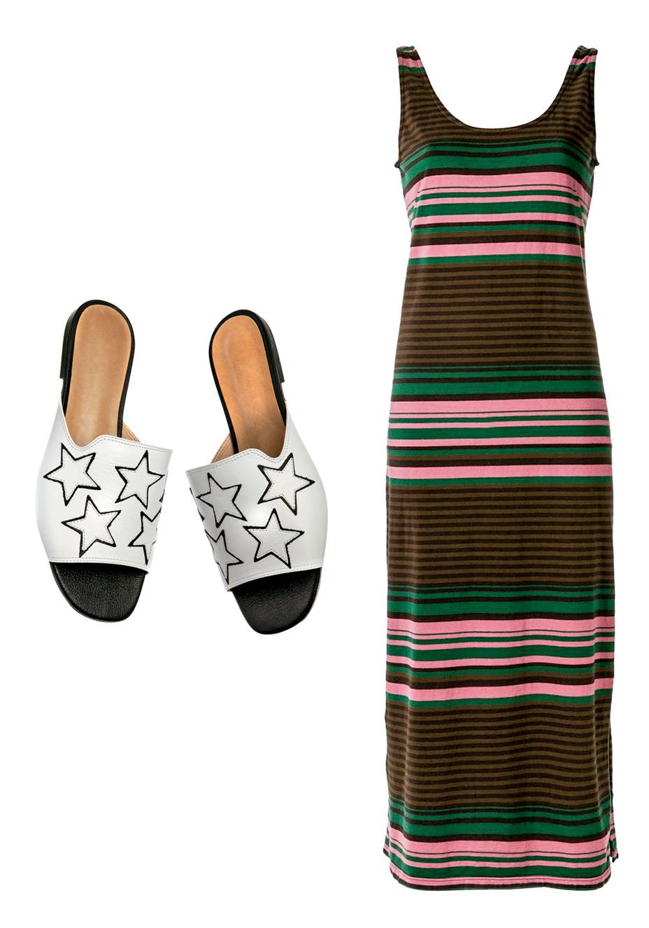Vestido de algod&atilde;o, <strong>Osklen</strong>, R$ 397, farfetch.com.br. Slides de couro, <strong>Vicenza</strong>, R$ 283.