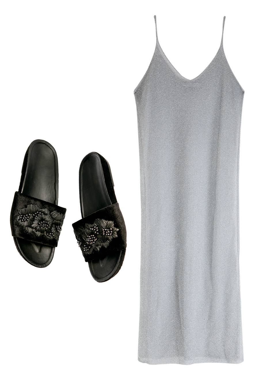 Vestido de tric&ocirc;, <strong>Vitorino Campos</strong>, R$ 698. Slides de veludo, <strong>Paula Torres</strong>, R$ 564.