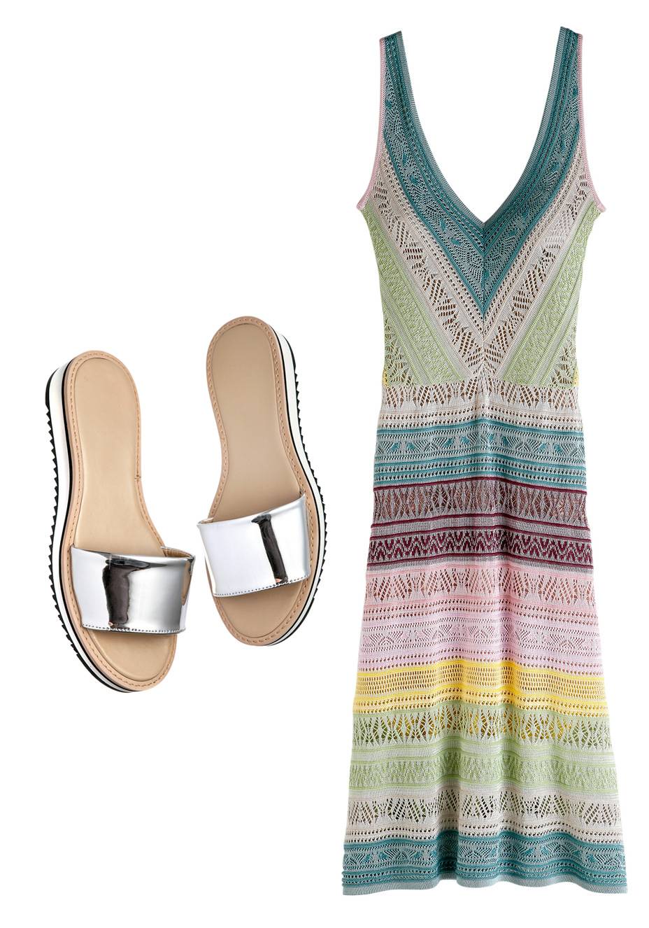 Vestido de tric&ocirc;, <strong>Cecilia Prado</strong>, R$ 869. Slides de couro, <strong>Santa Lolla</strong>, R$ 250.