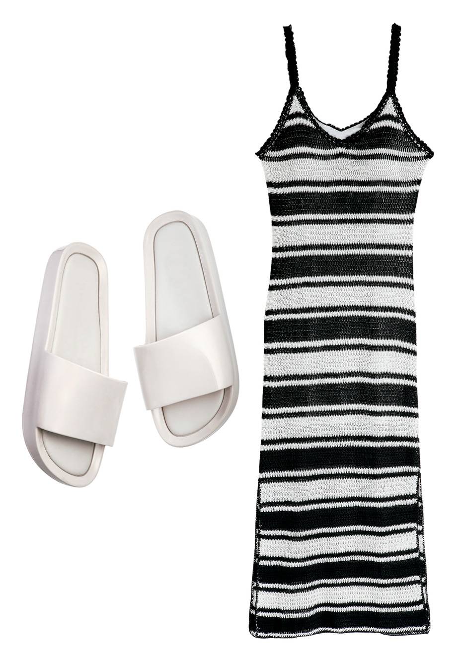 Vestido de tric&ocirc;, <strong>Bo.B&ocirc;</strong>, R$ 1 998. Slides de pl&aacute;stico, <strong>Melissa</strong>, R$ 100.
