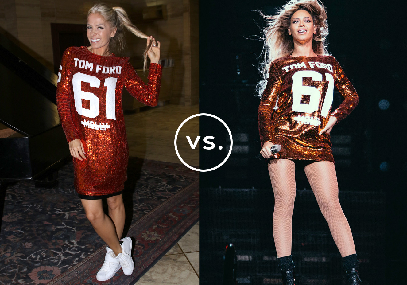 <strong>Adriane Galisteu</strong> e <strong>Beyonc&eacute;</strong> vestem&nbsp;<strong>Tom Ford</strong>. Enquanto a apresentadora comp&ocirc;s uma produ&ccedil;&atilde;o esportiva com o vestido de paet&ecirc;s em&nbsp;vers&atilde;o&nbsp;mais comprida&nbsp;e t&ecirc;nis branco, a cantora preferiu o microcomprimento e arrematou com botas para arrasar no palco.