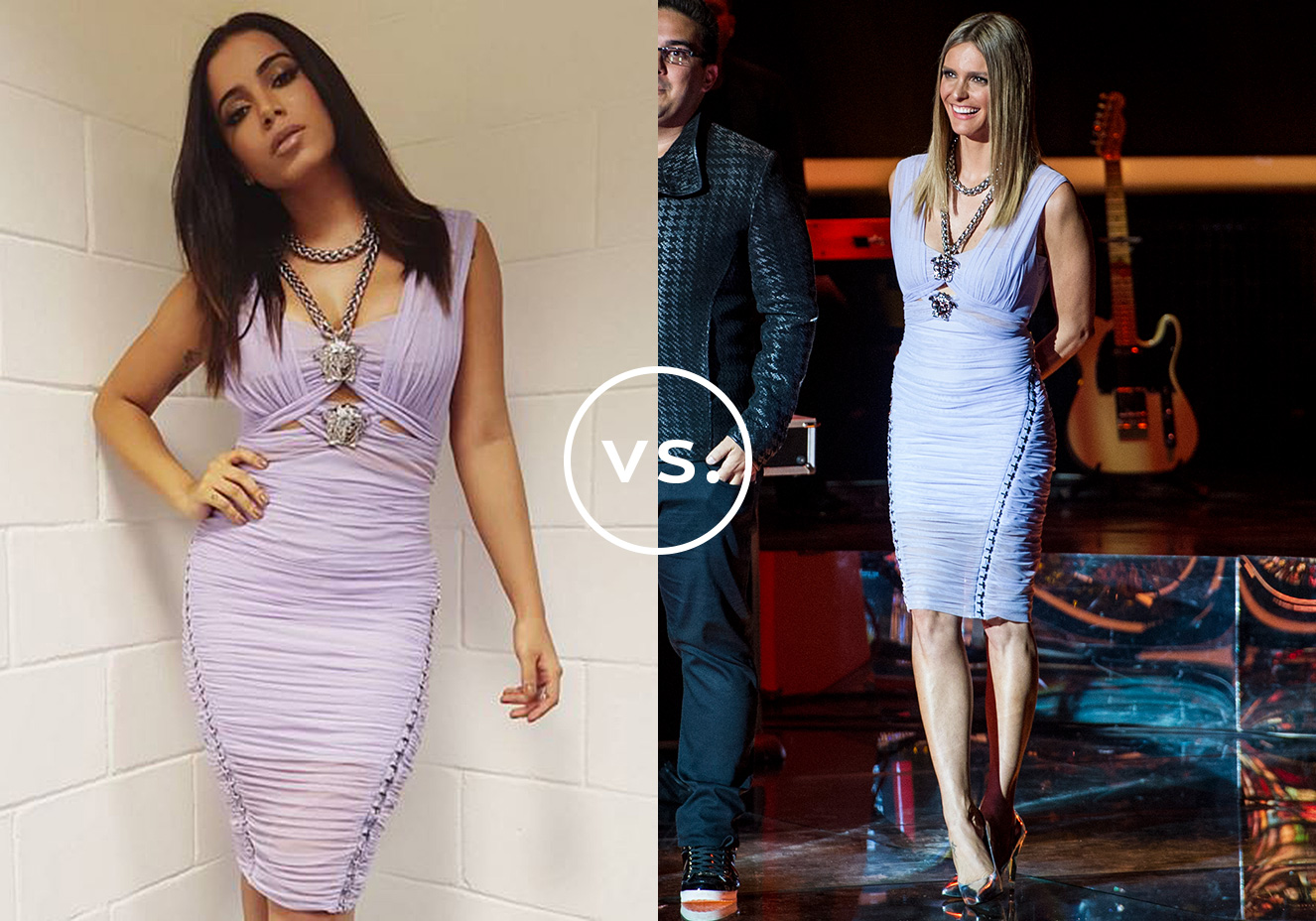 <strong>Anitta</strong> e <strong>Fernanda Lima</strong>&nbsp;vestem<strong>&nbsp;Versace</strong>. O vestido lil&aacute;s de shape ajustado ao corpo e detalhe de correntes foi usado pela cantora no<em> Caldeir&atilde;o de Ouro</em>. J&aacute; a apresentadora desfilou o modelo durante a 1&ordf; temporada do <em>Superstar</em>. Minimalista, o cabelo solto e chapado foi eleito por ambas.