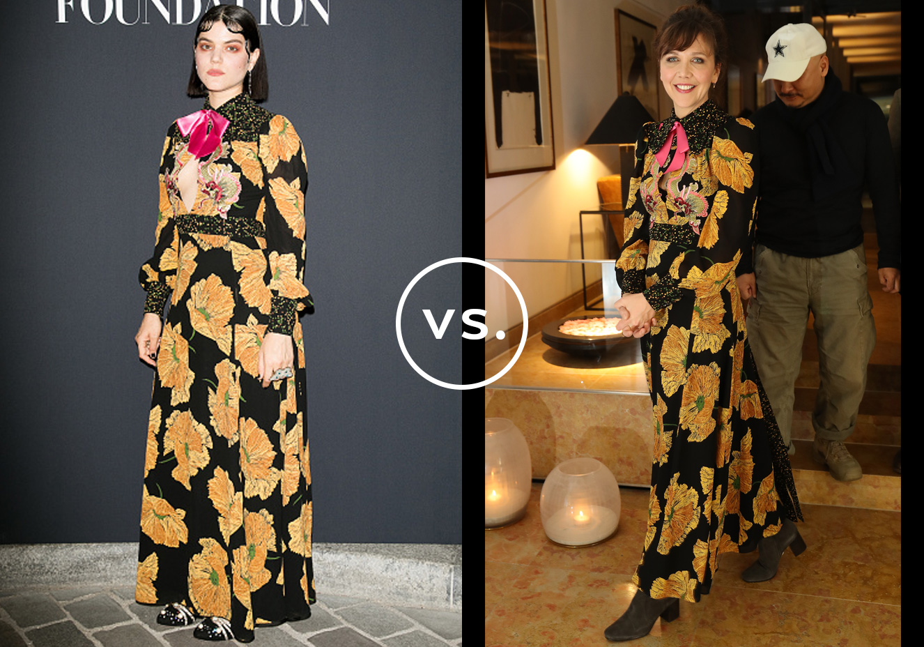<strong>Soko</strong> e <strong>Maggie Gyllenhaal</strong> vestem<strong> Gucci</strong>.&nbsp;Quando a inten&ccedil;&atilde;o &eacute; compor um visual de tapete vermelho fora do comum, as cria&ccedil;&otilde;es cheias de personalidade do estilista Alessandro Michele s&atilde;o aposta certa. Sempre estilosa, a cantora arrematou o vestido estampado com sapatos com aplica&ccedil;&otilde;es, anel duplo e penteado com jeitinho retr&ocirc;. Discreta, a atriz preferiu botinhas e um coque simples.