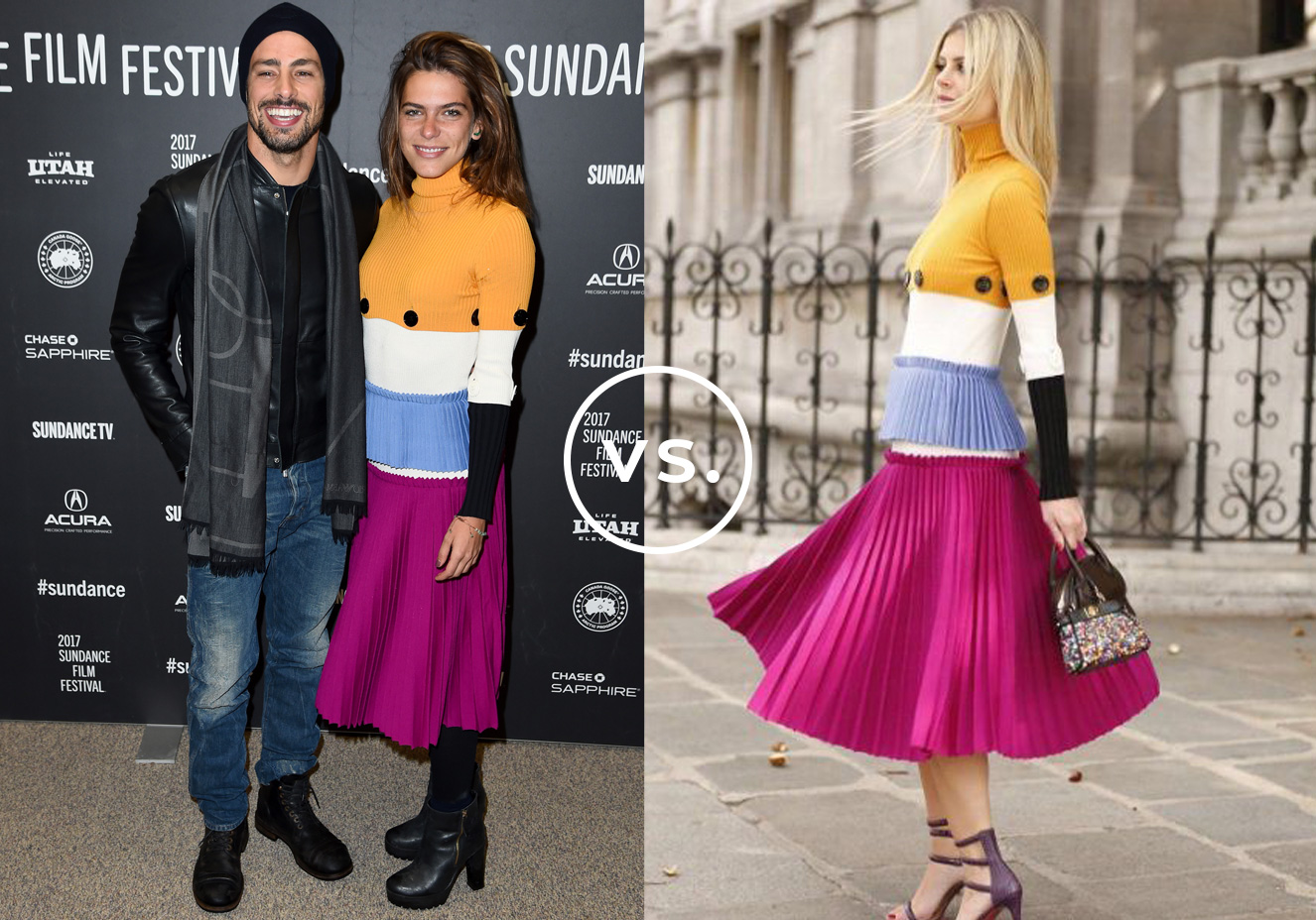 <strong>Mariana Goldfarb</strong> e <strong>Lal&aacute; Rudge</strong> vestem <strong>Salvatore Ferragamo</strong>.&nbsp;Para enfrentar o inverno de Park City durante o Festival de&nbsp;Cinema de Sundance, apresentadora e modelo aliou o vestido colorido da grife italiana a botas de salto e meia-cal&ccedil;a. Em Paris para a semana de moda, a blogger combinou a pe&ccedil;a com sand&aacute;lias burgundy e minibag divertida.