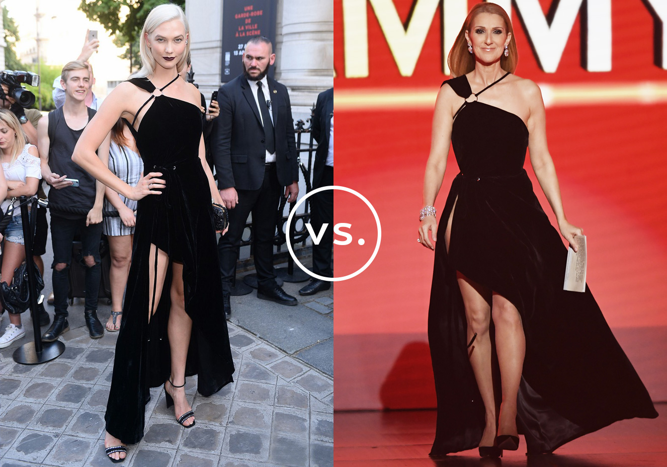 <strong>Karlie Kloss</strong> e <strong>C&eacute;line Dion</strong> vestem <strong>Mugler</strong>.&nbsp;Sexy, o vestido preto com fenda profunda e decote de um ombro s&oacute; n&atilde;o precisa de muitos complementos. Para a modelo, que acaba de aderir aos cabelos platinados, sand&aacute;lias e clutch discretas e um poderoso batom vinho. Cl&aacute;ssica e sempre exuberante, a cantora investiu em joias de peso &ndash; brincos e pulseira &ndash; para arrematar a produ&ccedil;&atilde;o.