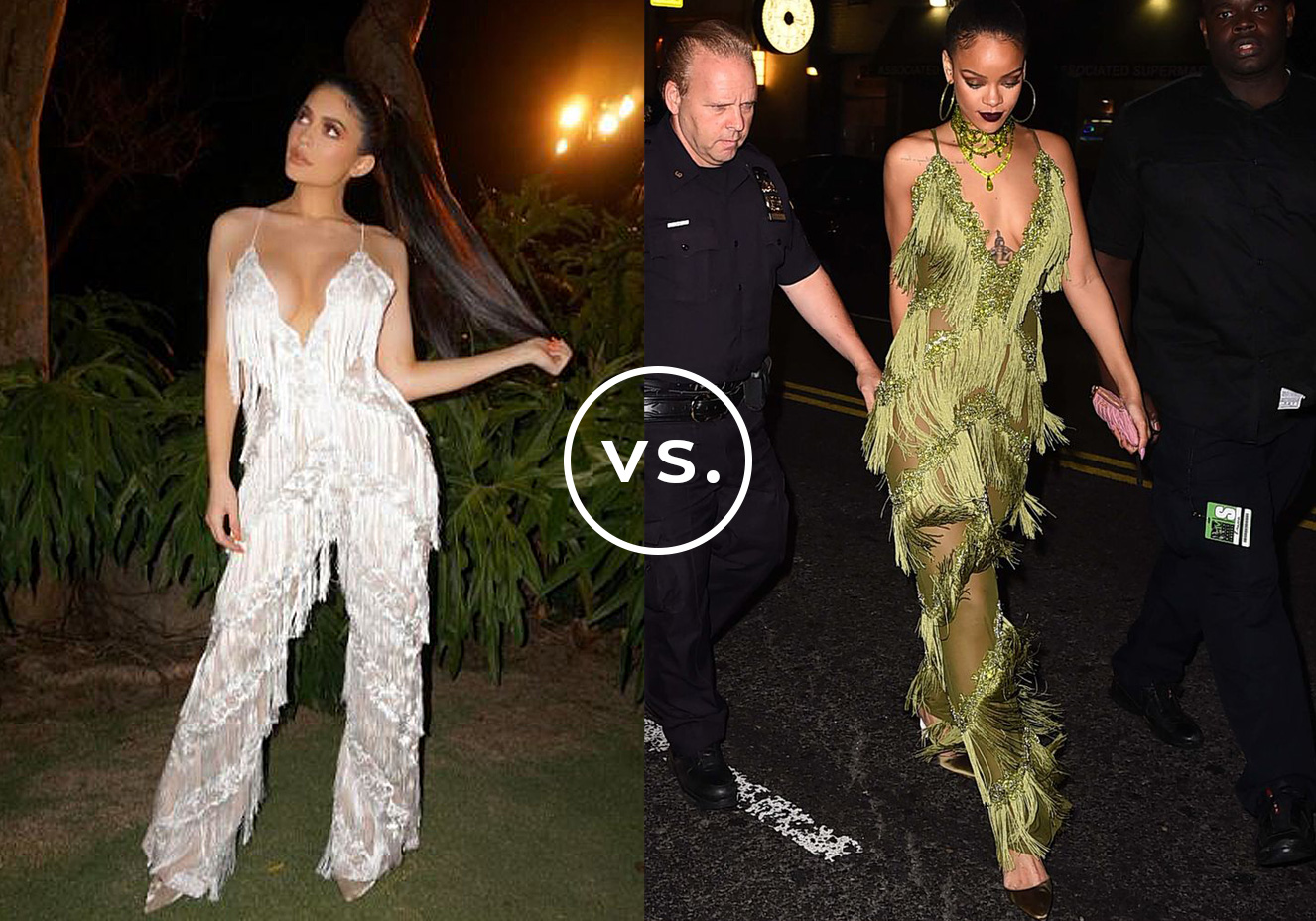 <strong>Kylie Jenner</strong> veste<strong> The Dolls House Fashion</strong> e<strong> Rihanna</strong> veste <strong>Limpasse</strong>. Sempre ousadas, as duas famosas apostaram em escarpins de veludo com bico fino e rabo de cavalo bem alto para arrematar. Mas enquanto Kylie dispensou outros acess&oacute;rios, Rihanna investiu em maxicolar no mesmo tom da roupa, batom escuro e brincos de argolas.