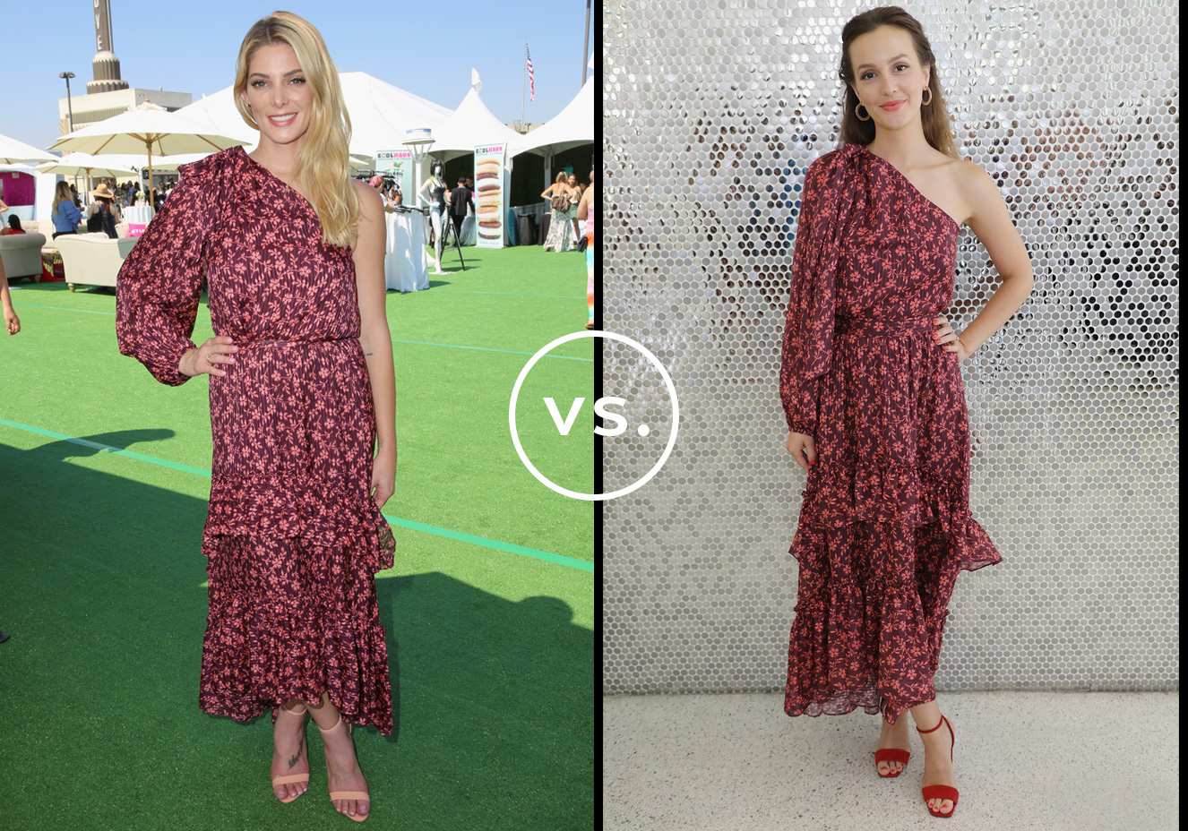 <strong>Ashley Greene</strong> e<strong> Leighton Meester</strong> vestem <strong>Ulla Johnson</strong>. Fluido, estampado e com decote de um ombro s&oacute;, o vestido &eacute; perfeito para eventos formais durante o ver&atilde;o nos EUA. Ashley foi de sand&aacute;lias nude, j&aacute; Leighton adicionou um toque de personalidade com saltos vermelhos e brincos de argolas.