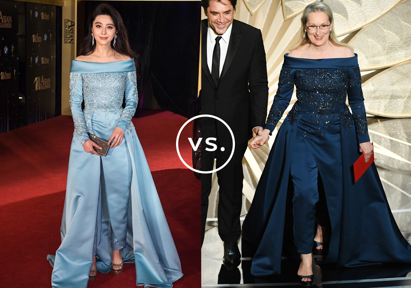 <strong>Fan Bingbing</strong> e<strong> Meryl Streep</strong> vestem&nbsp;<strong>Elie Saab Couture</strong>.&nbsp;O macac&atilde;o com cauda longa foi a escolha das atrizes para deixar o vestido longo de lado e atualizar o visual de gala. Sempre rom&acirc;ntica, a chinesa preferiu a vers&atilde;o azul-clara do modelo de alta-costura. J&aacute; a norte-americana, com seu estilo mais maduro, preferiu o marinho. Brincos de tamanho m&eacute;dio e peep toes arremataram as duas&nbsp;produ&ccedil;&otilde;es.