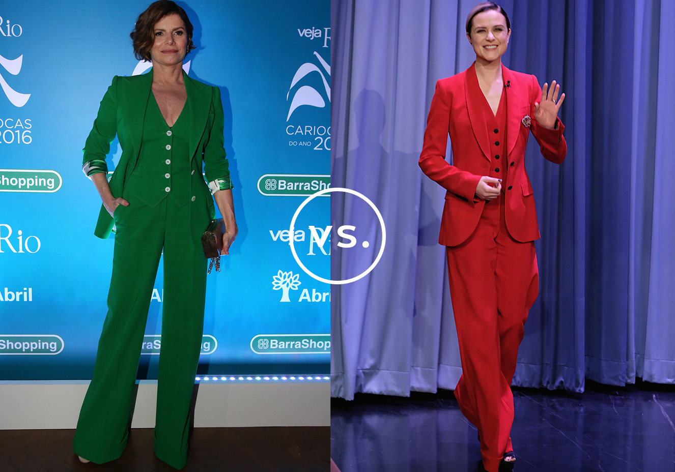 <strong>D&eacute;bora Bloch</strong> e <strong>Evan Rachel Wood</strong> vestem&nbsp;<strong>Dolce&Gabbana</strong>. O conjunto de alfaiataria da grife italiana caiu na gra&ccedil;a das famosas. B&aacute;sicas, tanto a atriz brasileira quanto a norte-americana optaram por complementos discretos: D&eacute;bora foi de minaudi&egrave;re e Rachel, de broche.