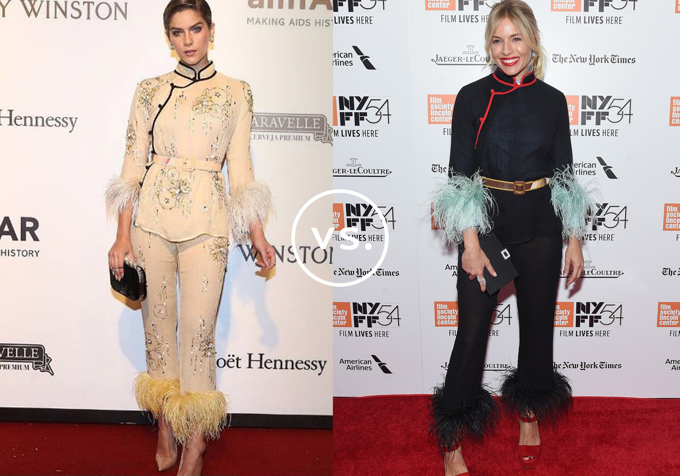<strong>Isabella Santoni</strong> e <strong>Sienna Miller</strong> vestem <strong>Prada</strong>.&nbsp;Tanto a brasileira quanto a norte-americana investiram no conjunto de mood oriental para renovar o look de tapete vermelho e compor uma produ&ccedil;&atilde;o ousada e fashionista. Enquanto Isabella apostou na vers&atilde;o nude repleta de bordados e arrematou com escarpim de mesmo tom para alongar a silhueta, Sienna foi de azul-marinho e escolheu sand&aacute;lias vermelhas alt&iacute;ssimas, combinando com o detalhe da roupa e o batom.
