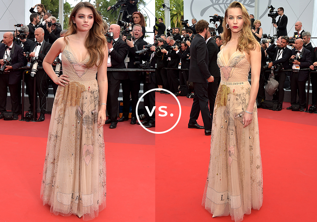 <strong>Thylane Blondeau</strong> e <strong>Svetlana Ustinova</strong> vestem <strong>Dior</strong>.&nbsp;Delicado e luxuoso, o vestido caiu mesmo na gra&ccedil;a das famosas e foi exibido duas vezes no tapete vermelho do Festival de Cinema de Cannes. Thylane e Svetlana apostaram em styling semelhante e arremataram a produ&ccedil;&atilde;o com cabelos soltos e ondulados e uma pulseira de brilhantes. Mas enquanto a francesa apostou no esfumado marrom, a russa foi de batom vermelho.