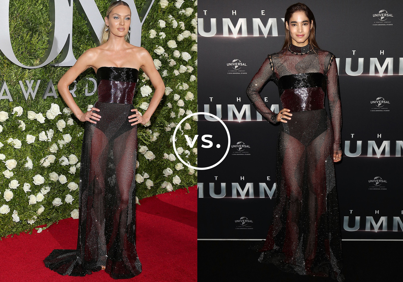 <strong>Candice Swanepoel</strong> e <strong>Sofia Boutella</strong> vestem<strong> Prabal Gurung</strong>. Confeccionado com centenas de cristais e repleto de transpar&ecirc;ncias, o vestido comp&otilde;e uma produ&ccedil;&atilde;o bastante ousada. Por causa do tons preto e bord&ocirc;, o modelo garante uma vibe rock'n'roll a qualquer look de gala. Adepta de um estilo sexy, Candice preferiu a vers&atilde;o tomara que caia; fashionista, Sofia foi de mangas longas.