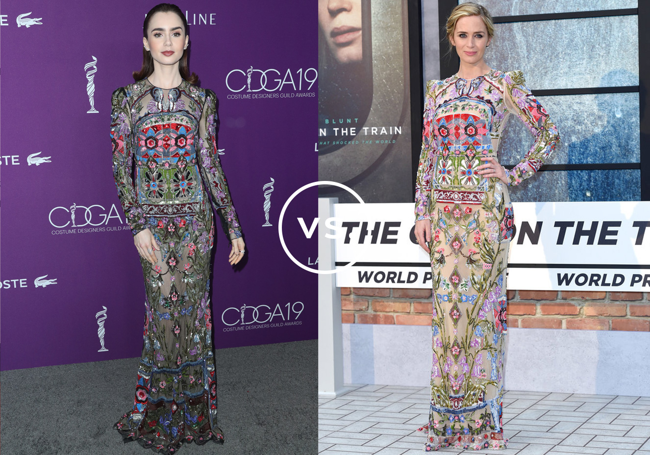 <strong>Lily Collins</strong> e <strong>Emily Blunt</strong> vestem&nbsp;<strong>Alexander McQueen</strong>.&nbsp;Gra&ccedil;as aos lindos bordados coloridos, o vestido da grife brit&acirc;nica n&atilde;o requer muitos complementos. A aposta de Lily foi em brincos e an&eacute;is discretos e maquiagem poderosa - esfumado iluminado, c&iacute;lios posti&ccedil;os e batom marrom. J&aacute; Emily lan&ccedil;ou m&atilde;o de olhos delineados e penteado rom&acirc;ntico com acess&oacute;rio.