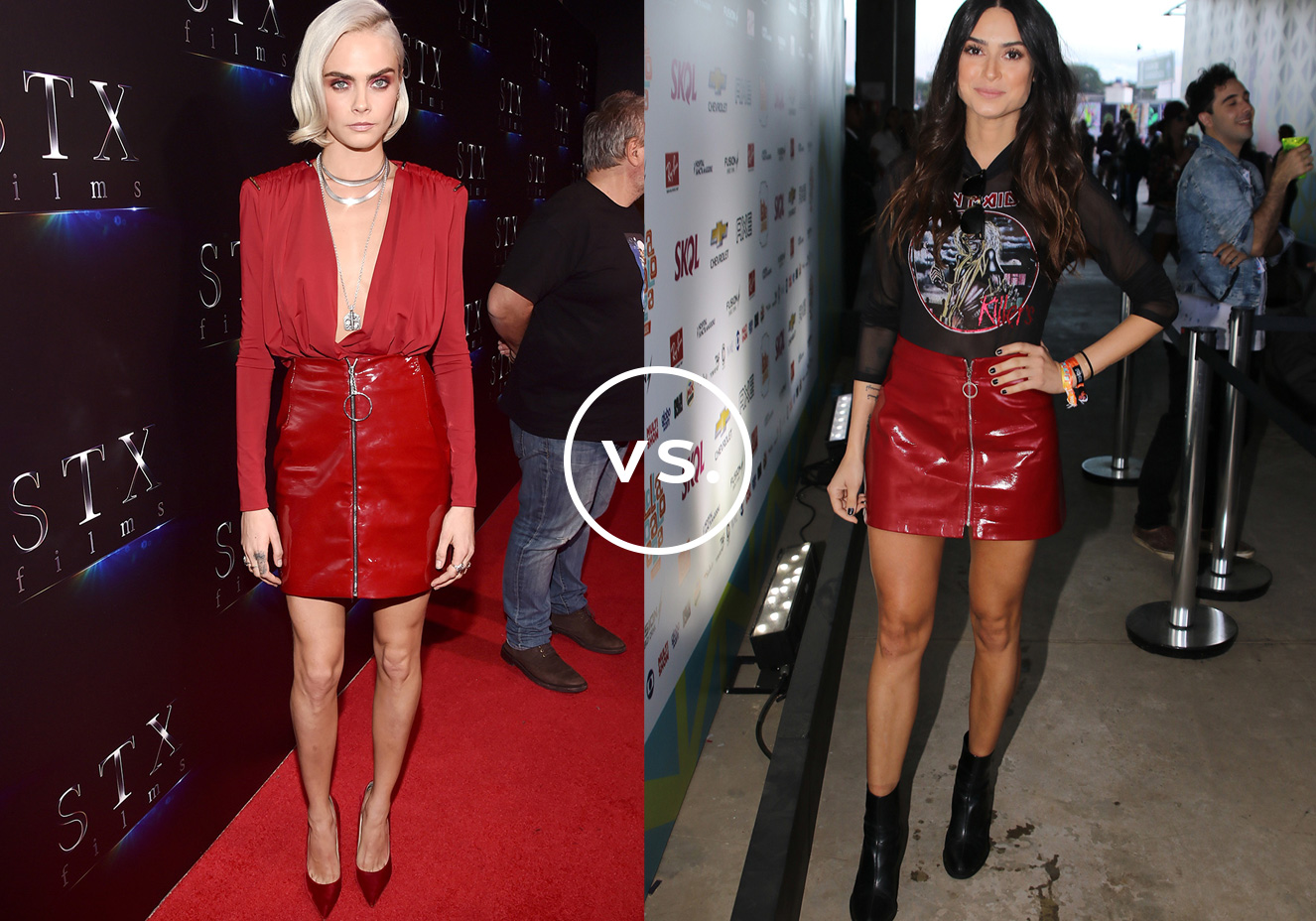 <strong>Cara Delevingne</strong> e <strong>Thaila Ayala</strong> vestem <strong>Mugler</strong> e <strong>Zara</strong>.&nbsp;A moda est&aacute; abra&ccedil;ando os anos 1980 e a saia vermelha de verniz &eacute; uma prova. A modelo e atriz brit&acirc;nica usou a pe&ccedil;a da Mugler com top de decote generoso para compor uma produ&ccedil;&atilde;o sexy, caracter&iacute;stica alavancada pelos escarpins de bico fino. J&aacute; a atriz brasileira usou a saia da Zara com camiseta do Iron Maiden e ankle boots para compor um mood rocker.